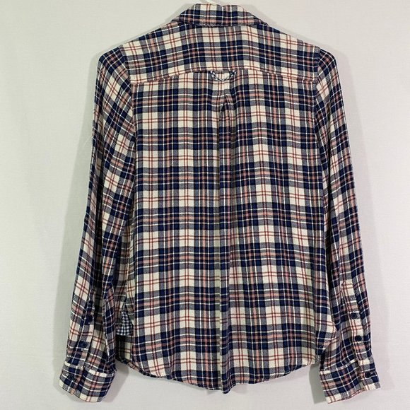 Navy Blue & Pink Plaid Button Shirt Roll Tab Sleeve - Picture 8 of 10